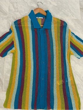 Zara Multicolor Crochet Knit Polo Shirt Size Large Open Weave Cotton Beachy Boho